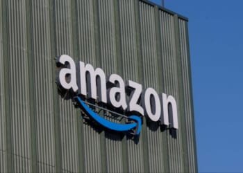 The Amazon logo is displayed on an Amazon Logistic building in Antwerp on Oct. 30, 2025.
