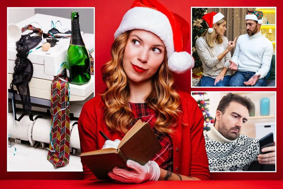 Collage of a woman in a Santa hat writing in a book, a messy desk with a champagne bottle, a couple arguing, and a man looking at his phone.