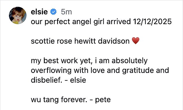 Hewitt, 29, confirmed the arrival of the couple's daughter - named Scottie Rose Hewitt Davidson - in an Instagram post