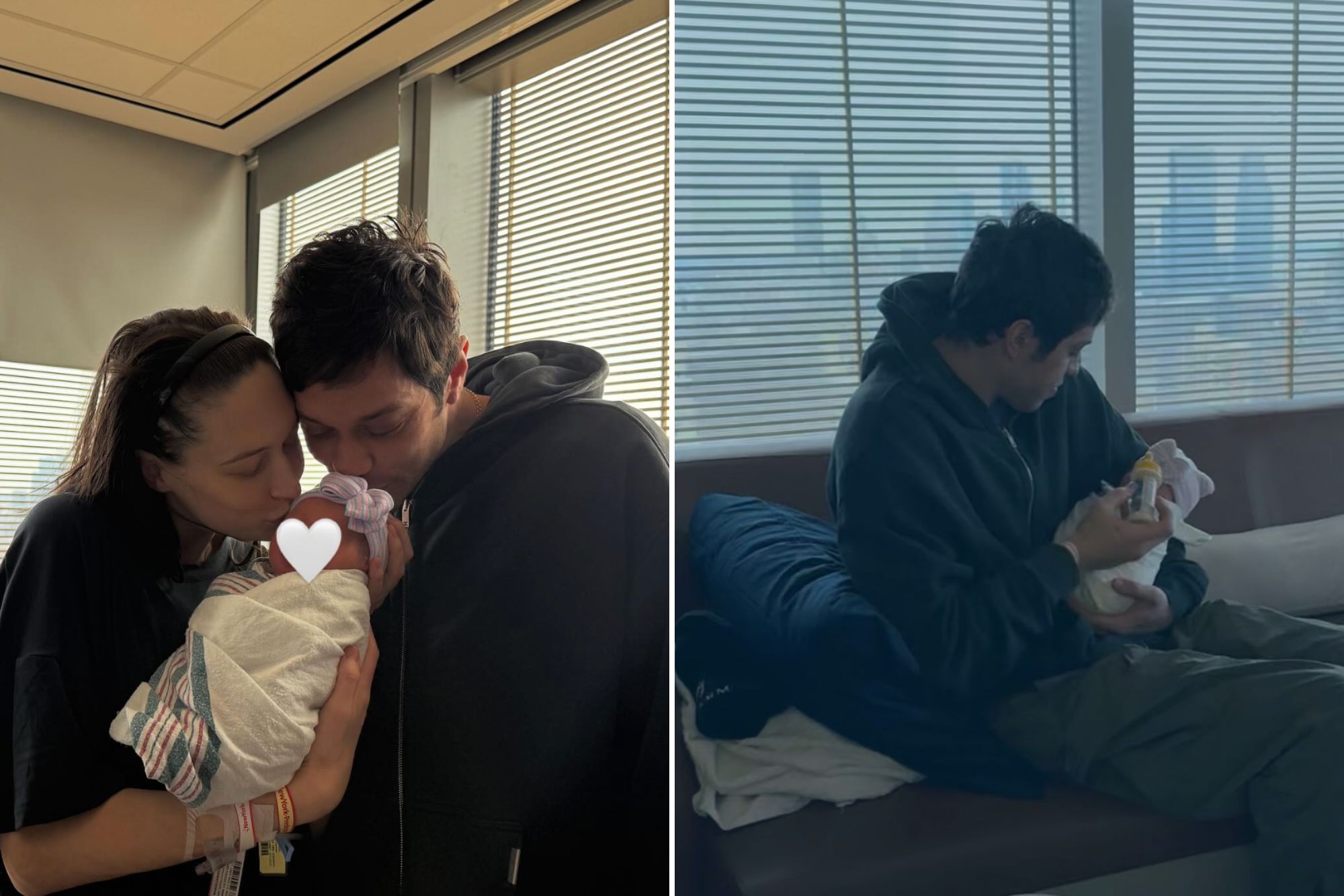 An image collage containing 2 images, Image 1 shows Parents kissing their newborn baby's head, Image 2 shows A man in a black hoodie feeding a baby from a bottle
