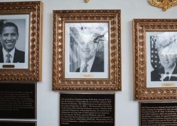 Newly-installed plaques for former U.S. presidents are displayed along the "Presidential Walk of Fame" in the White House in Washington, DC on Dec. 17, 2025.