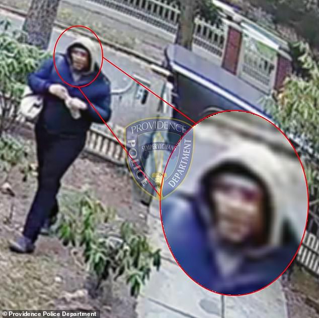 Officials showed pictures of a tall, slender person wearing a blue jacket and grey hoodie, who they say 'was in proximity of the person of interest' at the time of the shooting