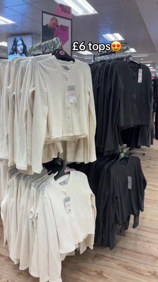 Ribbed loungewear tops in cream and dark gray with £6 price tags.