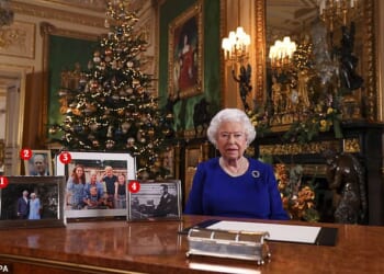 The Queen's Christmas Speech in 2019 featured no image of Prince Harry, instead her photographs were of Charles and Camilla (1), Prince Philip (2), the Cambridges' Christmas card picture (3), and her father George VI (4)