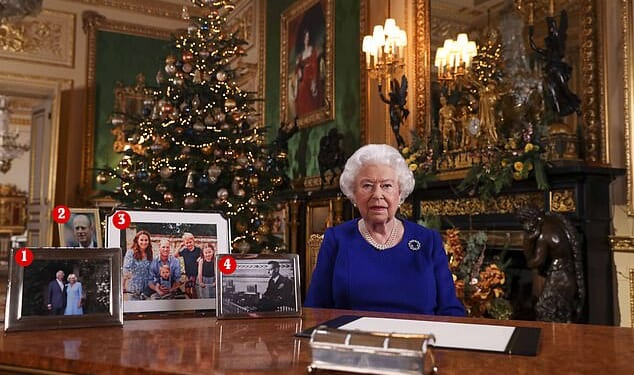 The Queen's Christmas Speech in 2019 featured no image of Prince Harry, instead her photographs were of Charles and Camilla (1), Prince Philip (2), the Cambridges' Christmas card picture (3), and her father George VI (4)