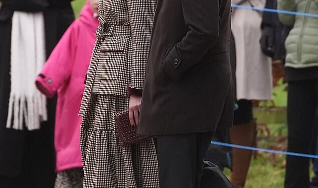 Harriet Sperling arrived for Sunday services with her fiance Peter Phillips sporting a brown plaid two-piece skirt suit that would have paired perfectly with the senior royal ladies who came before her