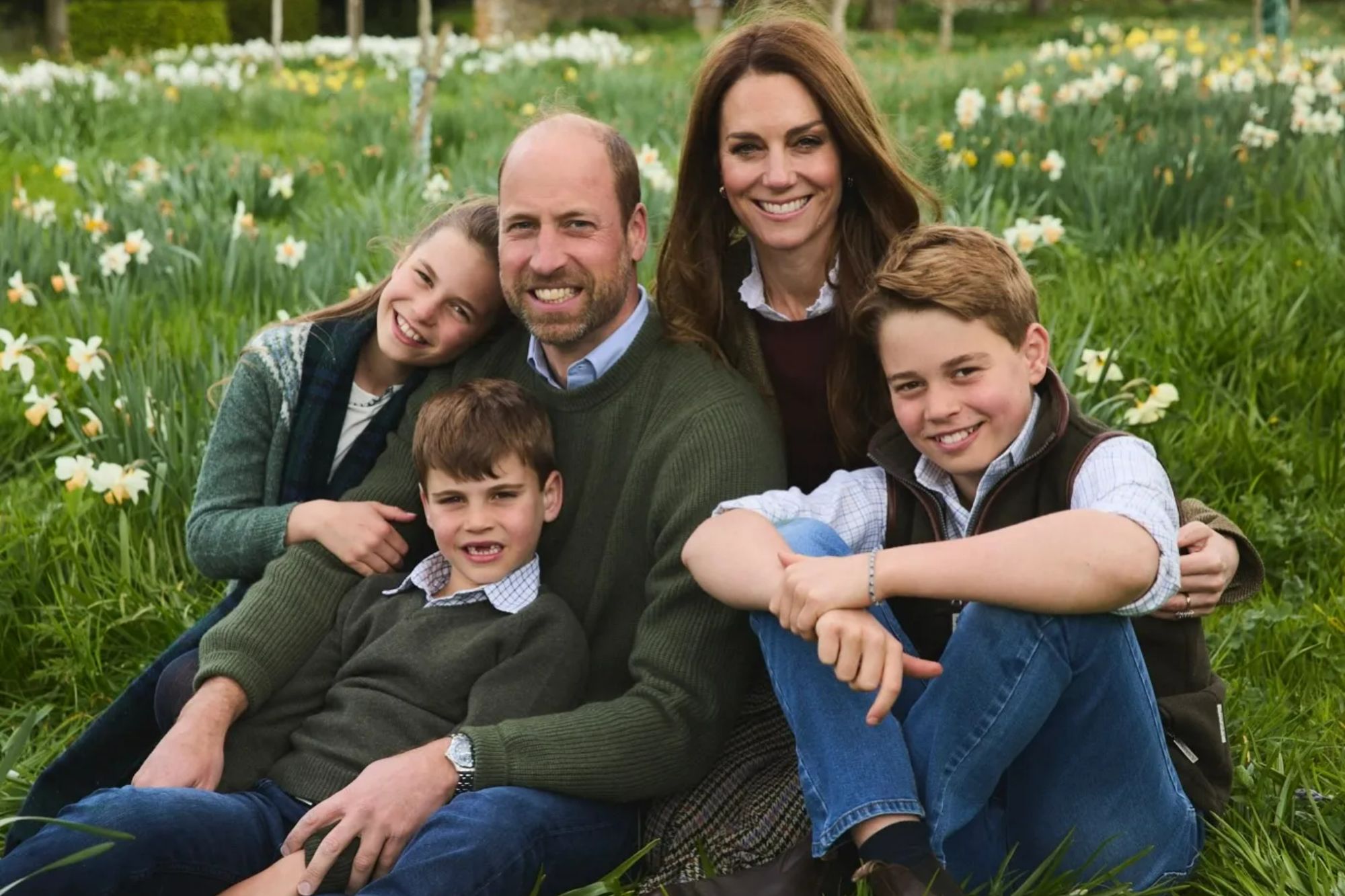 An image collage containing 1 images, Image 1 shows The Prince and Princess of Wales with their three children, all sitting in a field of daffodils