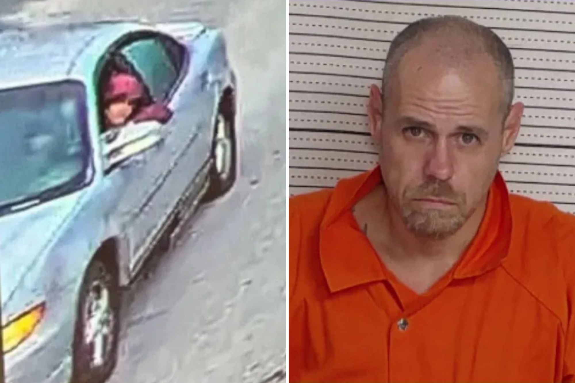 An image collage containing 2 images, Image 1 shows A man wearing a red hat and sunglasses driving a silver car, Image 2 shows Mugshot of a man in an orange jumpsuit