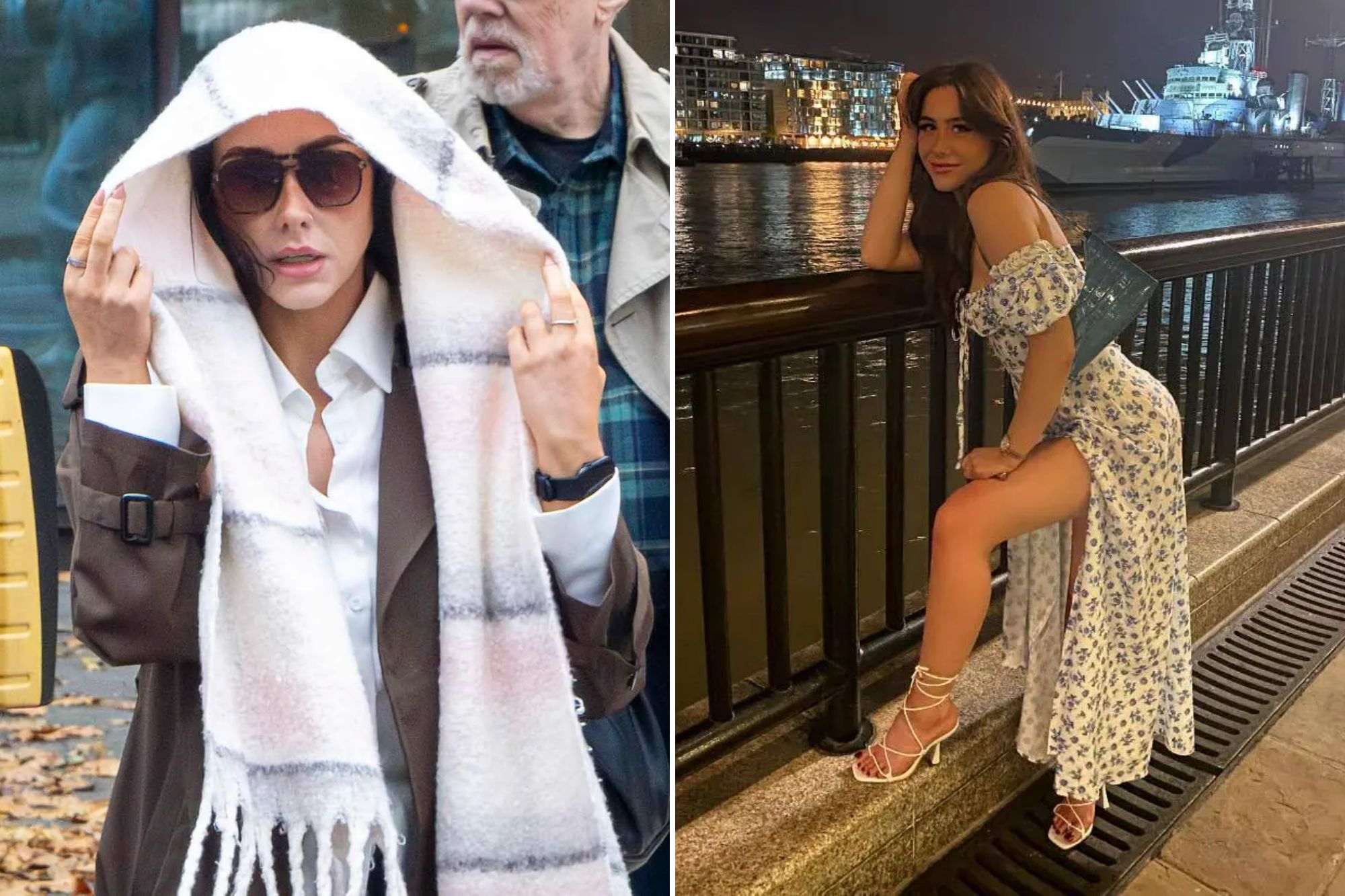 An image collage containing 2 images, Image 1 shows Bethany Dent-Reynolds leaves Westminster Magistrates' Court after being charged, Image 2 shows Bethany Dent-Reynolds posing by a river at night