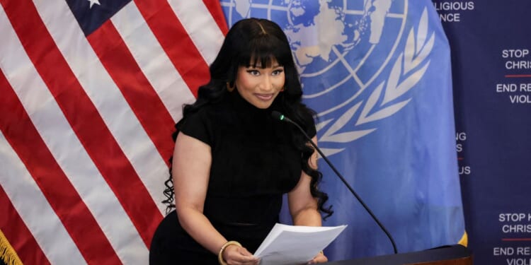 Rapper Nicki Minaj speaks at a panel discussing the persecution of Christians in Nigeria in New York City on Nov. 18, 2025.