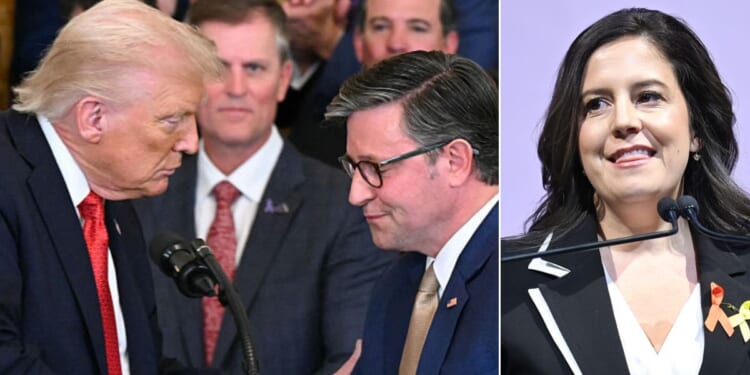 President Donald Trump, seen in an October photo, got involved after a clash between House Speaker Mike Johnson and New York GOP Rep. Elise Stefanik, right.