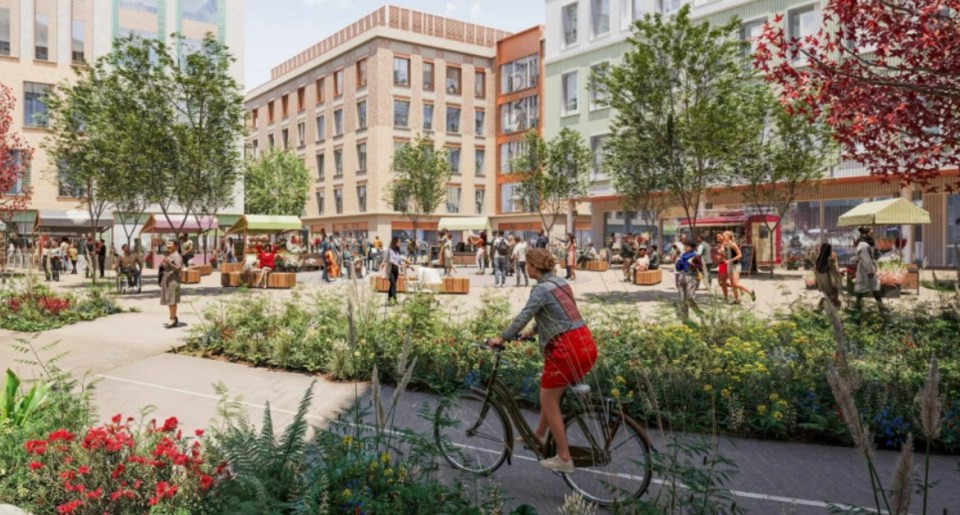 Illustration of a community square with people, market stalls, and a woman on a bicycle.