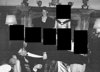 Andrew, who was stripped of his royal titles last month, is seen sprawling across the laps of five elegantly dressed women, while Ghislaine Maxwell lurks in the background