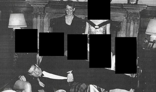 Andrew, who was stripped of his royal titles last month, is seen sprawling across the laps of five elegantly dressed women, while Ghislaine Maxwell lurks in the background