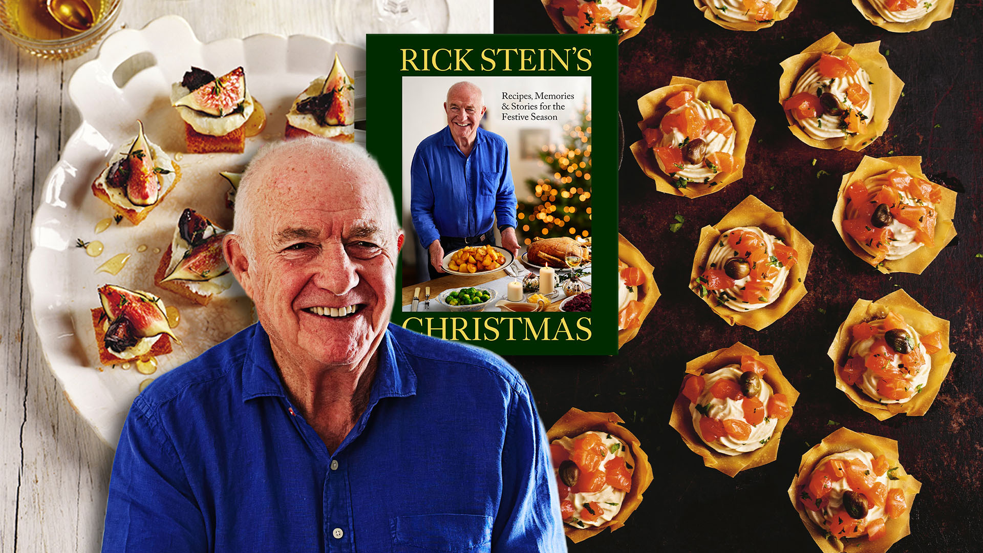 Collage of chef Rick Stein, his Christmas cookbook, fig and cheese canapés, and salmon blini.