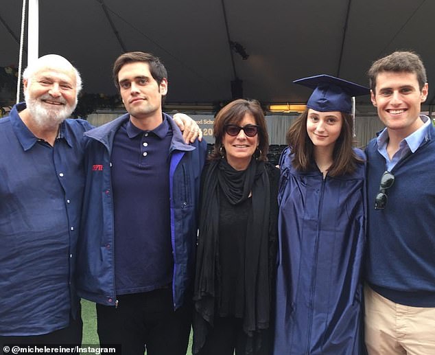 Rob, Nick, Michele, Romy and Jake Reiner (pictured left to right) at Romy's graduation in 2016. Insiders say Nick had 'always been hostile and volatile' toward his family members and that for years Romy was 'traumatized by Nick's behavior'