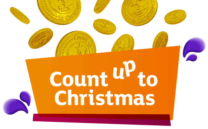Illustration of golden coins falling over an orange banner that reads "Count up to Christmas."