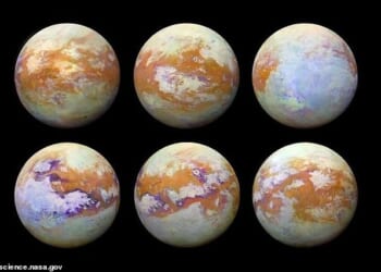 The six infrared images of Titan above were created by compiling data collected over the course of the Cassini mission. They depict how the surface of Titan looks beneath the foggy atmosphere, highlighting the variable surface of the moon
