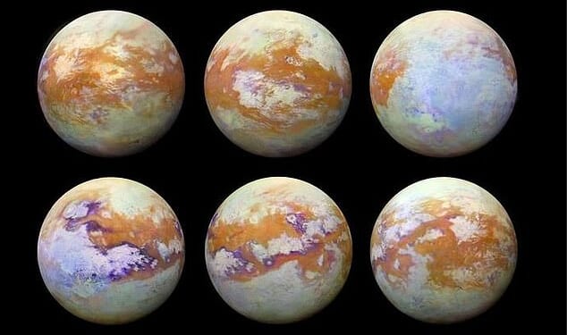 The six infrared images of Titan above were created by compiling data collected over the course of the Cassini mission. They depict how the surface of Titan looks beneath the foggy atmosphere, highlighting the variable surface of the moon