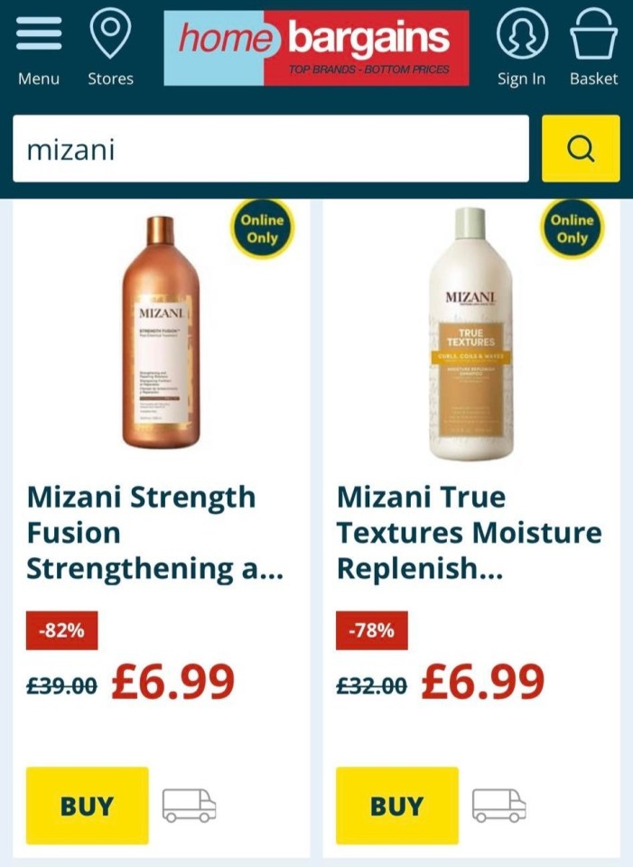 A screenshot of the Home Bargains website showing Mizani hair products for sale, with discounts up to 82% off.