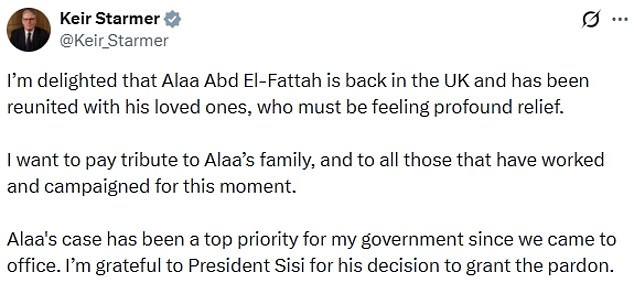 It is understood Sir Keir Starmer was not aware of Mr Abd El-Fattah's own 'extremist' social media posts when he said he was 'delighted' he had returned to the UK