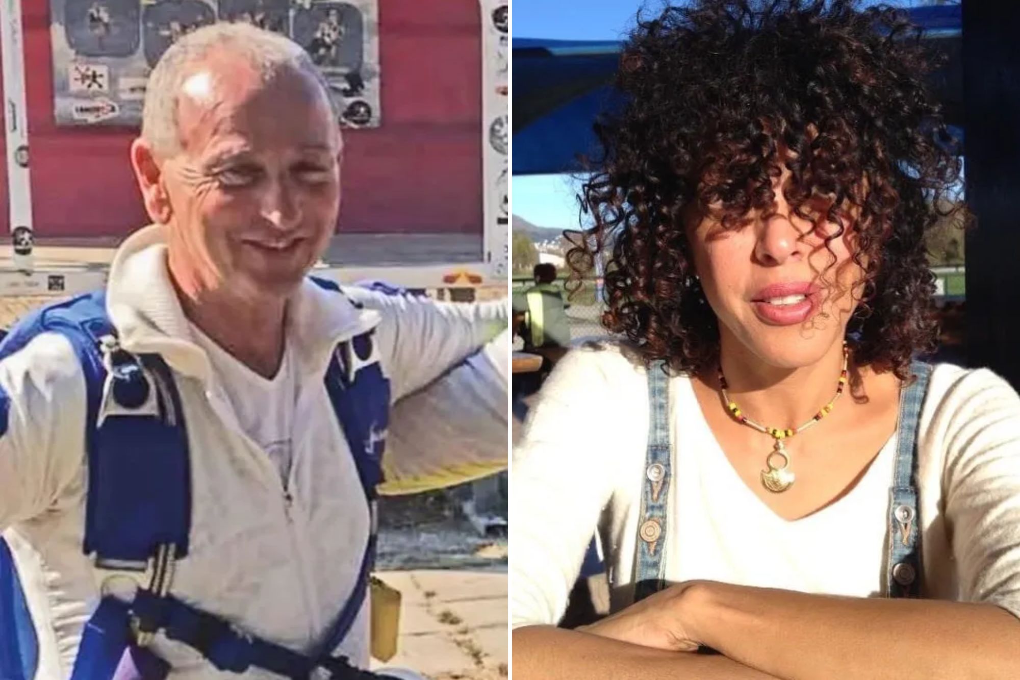 An image collage containing 2 images, Image 1 shows Skydivers plunge to deaths after parachutes tangle mid-air, Image 2 shows Skydivers plunge to deaths after parachutes tangle mid-air