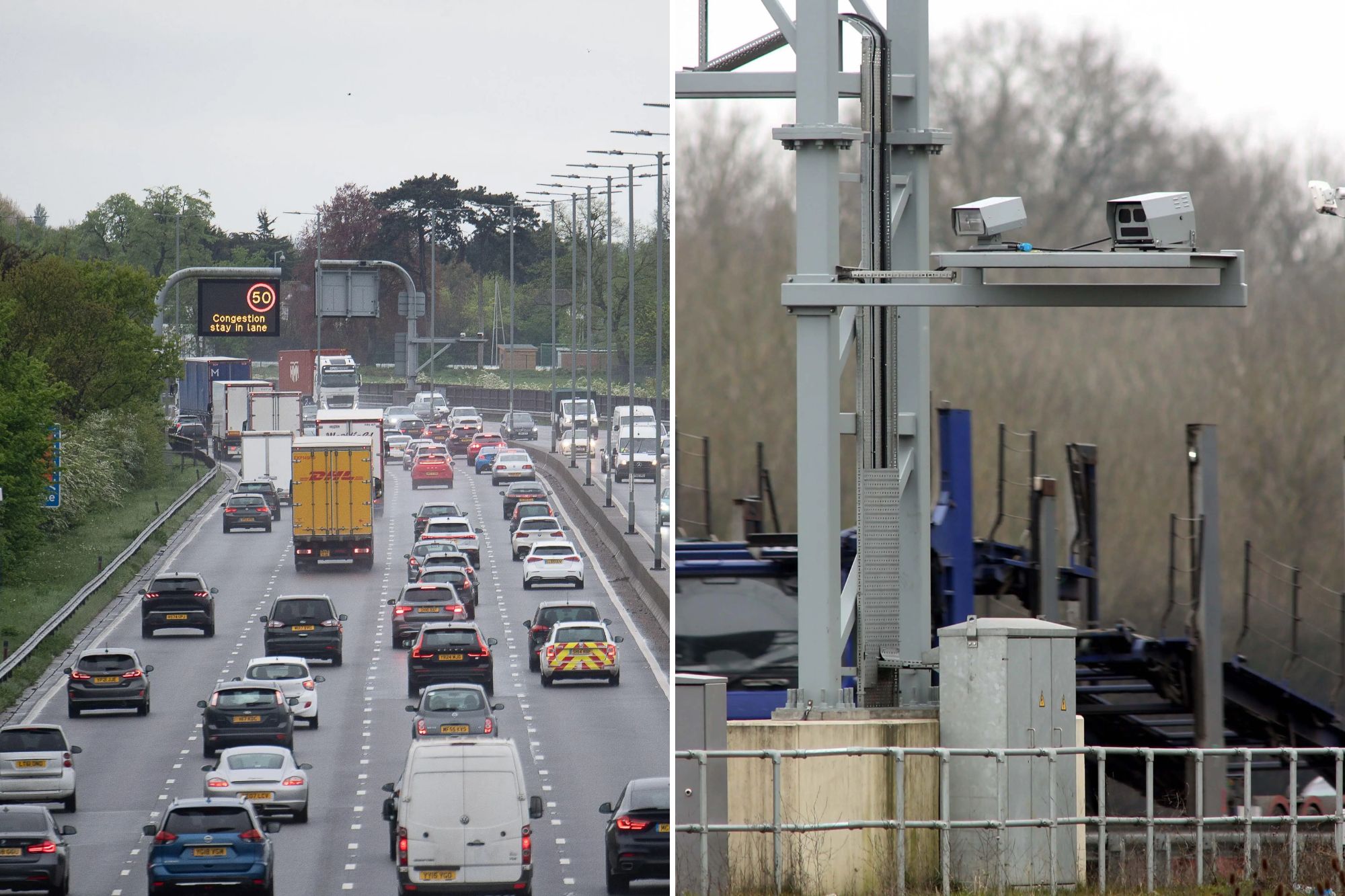 An image collage containing 2 images, Image 1 shows Congested traffic on the M4 at Datchet with a speed limit of 50 mph displayed on a smart motorway sign, Image 2 shows HADECS 3 speed camera installed on M25