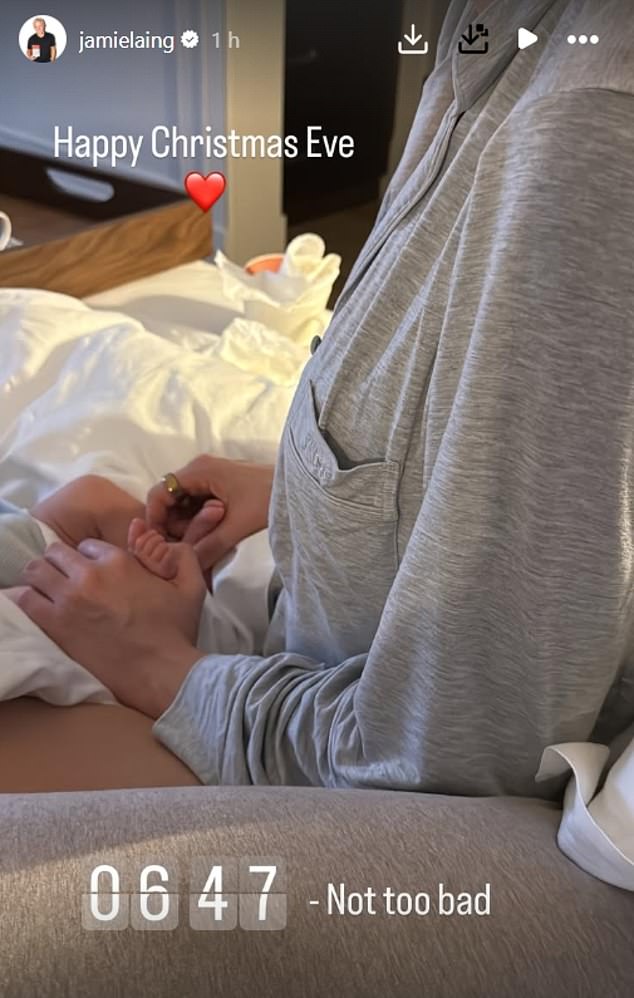 Meanwhile Jamie Laing shared a sweet snap of wife Sophie holding their newborn baby on the morning of Christmas Eve as they get into the festive spirit for the first time as a family of three