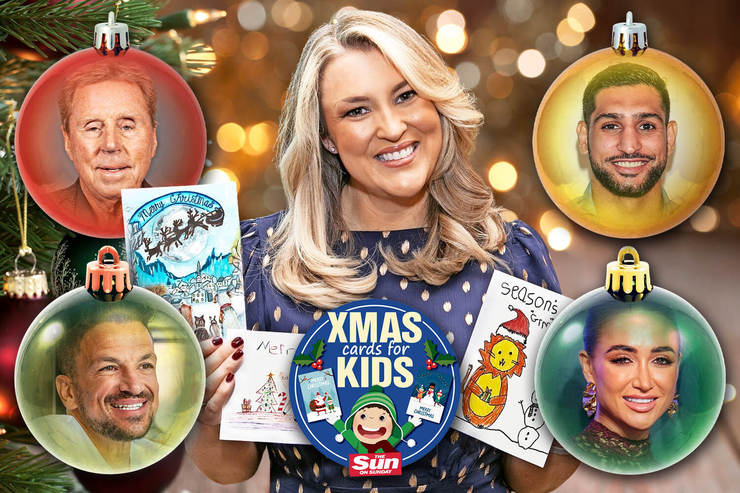 Collage of a woman holding Christmas cards and various celebrities in Christmas ornaments.