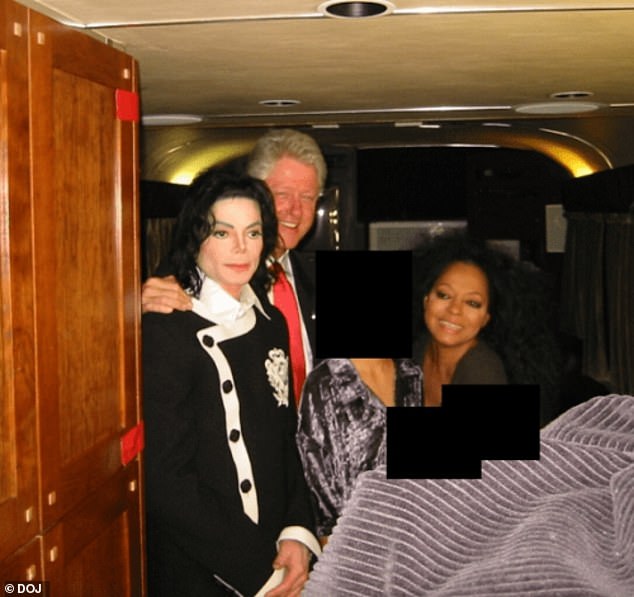 Bill Clinton is seen with his arm around Michael Jackson. The pair pose with Diana ross and a redacted woman in the new release