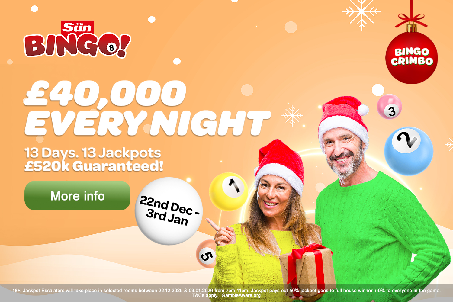 The Sun Bingo Christmas promotion with a man and woman in Santa hats, £40,000 every night, and £520k guaranteed jackpots from December 22nd to January 3rd.