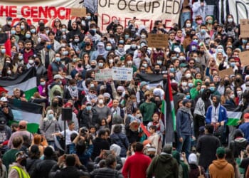 Supporters of so-called "Palestine" gather at Harvard University to show support for gazans following Hamas's terror attack on Israel at Cambridge, Massachusetts, on Oct. 14, 2023.