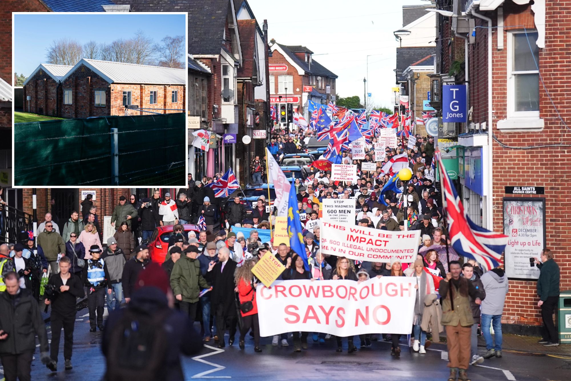 An image collage containing 2 images, Image 1 shows Anti-immigration protest, Image 2 shows A general view of Crowborough Training Camp in East Sussex, with brick buildings and a green fence with barbed wire in the foreground