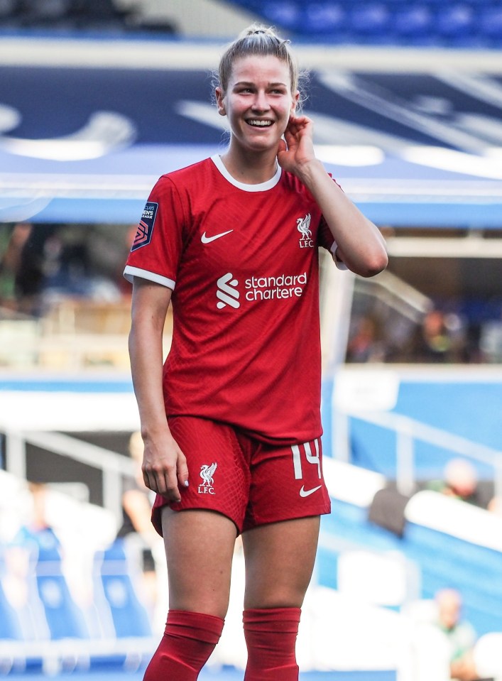 Marie Hobinger (14 Liverpool) in action during a friendly football match.