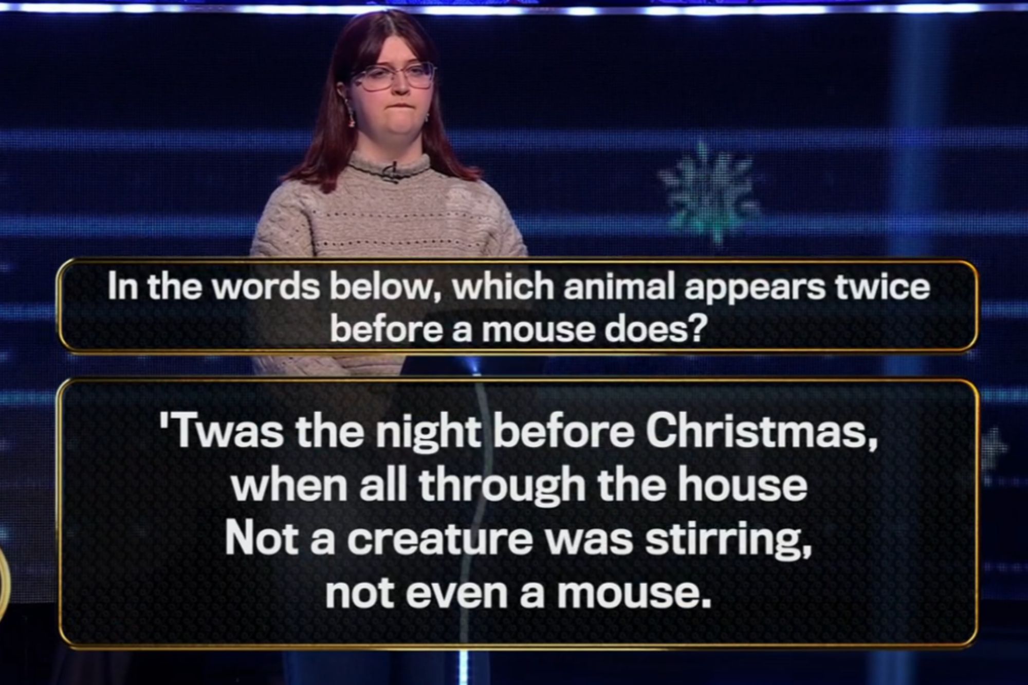 An image collage containing 1 images, Image 1 shows A female contestant on a game show is shown with a question and excerpt on the screen: "In the words below, which animal appears twice before a mouse does? 'Twas the night before Christmas, when all through the house Not a creature was stirring, not even a mouse."
