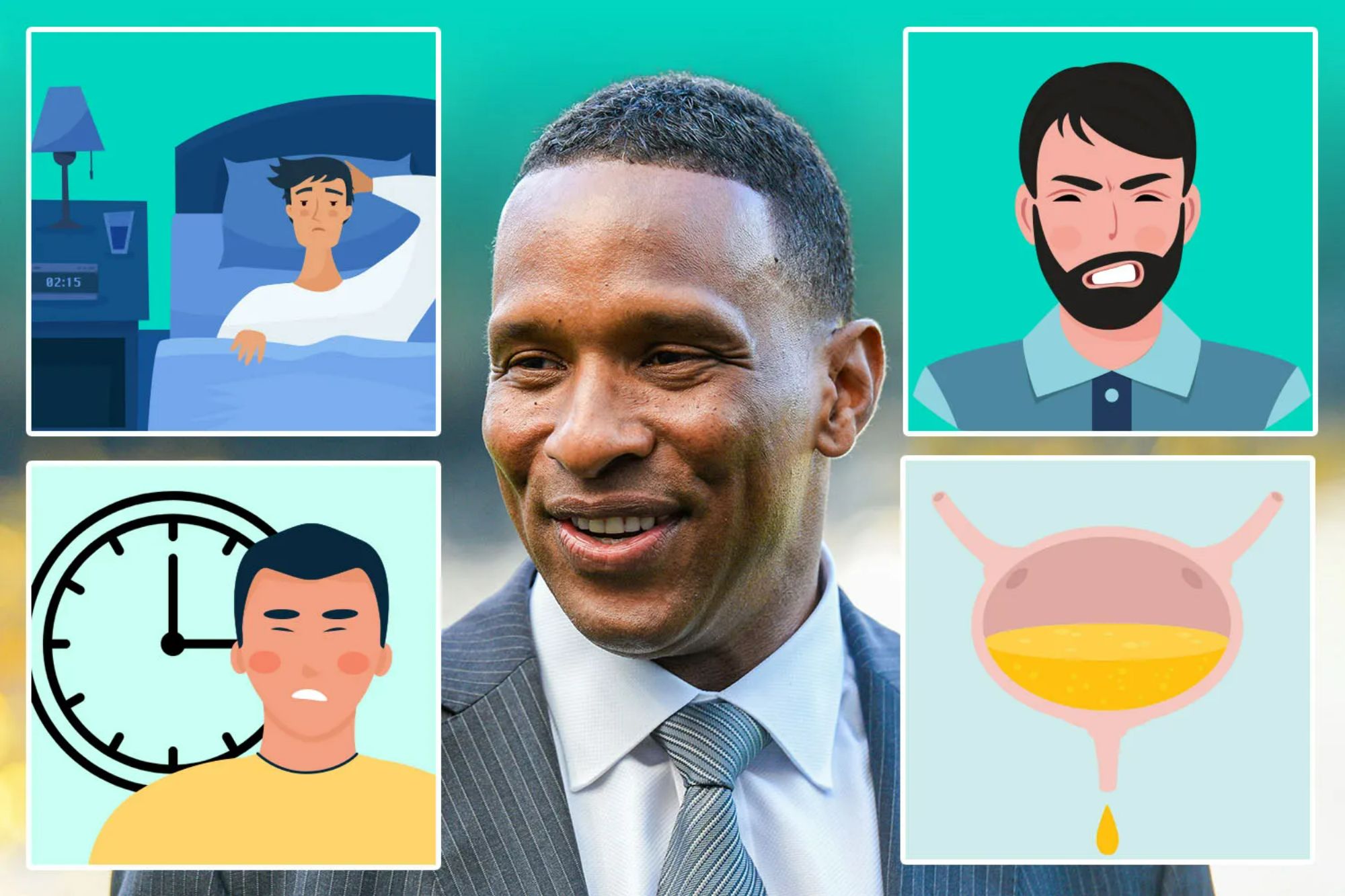 An image collage containing 1 images, Image 1 shows Collage of a man's face and illustrations depicting prostate cancer symptoms: a man unable to sleep, a man in pain, a man with a bladder showing a drop of urine, and a man looking distressed next to a clock
