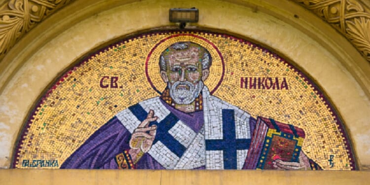 A mosaic portraying St. Nicholas is pictured from an Orthodox monastery in Belgrade, Serbia.