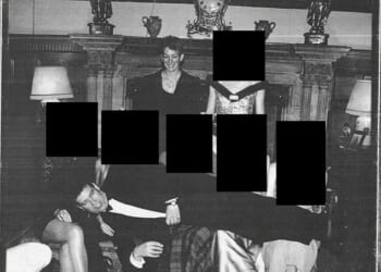 The former Prince Andrew pictured lying across five women. The context of the photograph remains unknown (Maxwell pictured back row, left)