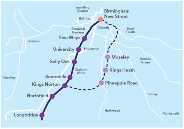 Illustration of a train map of South Birmingham, showing the Camp Hill line and existing railway lines with station names.