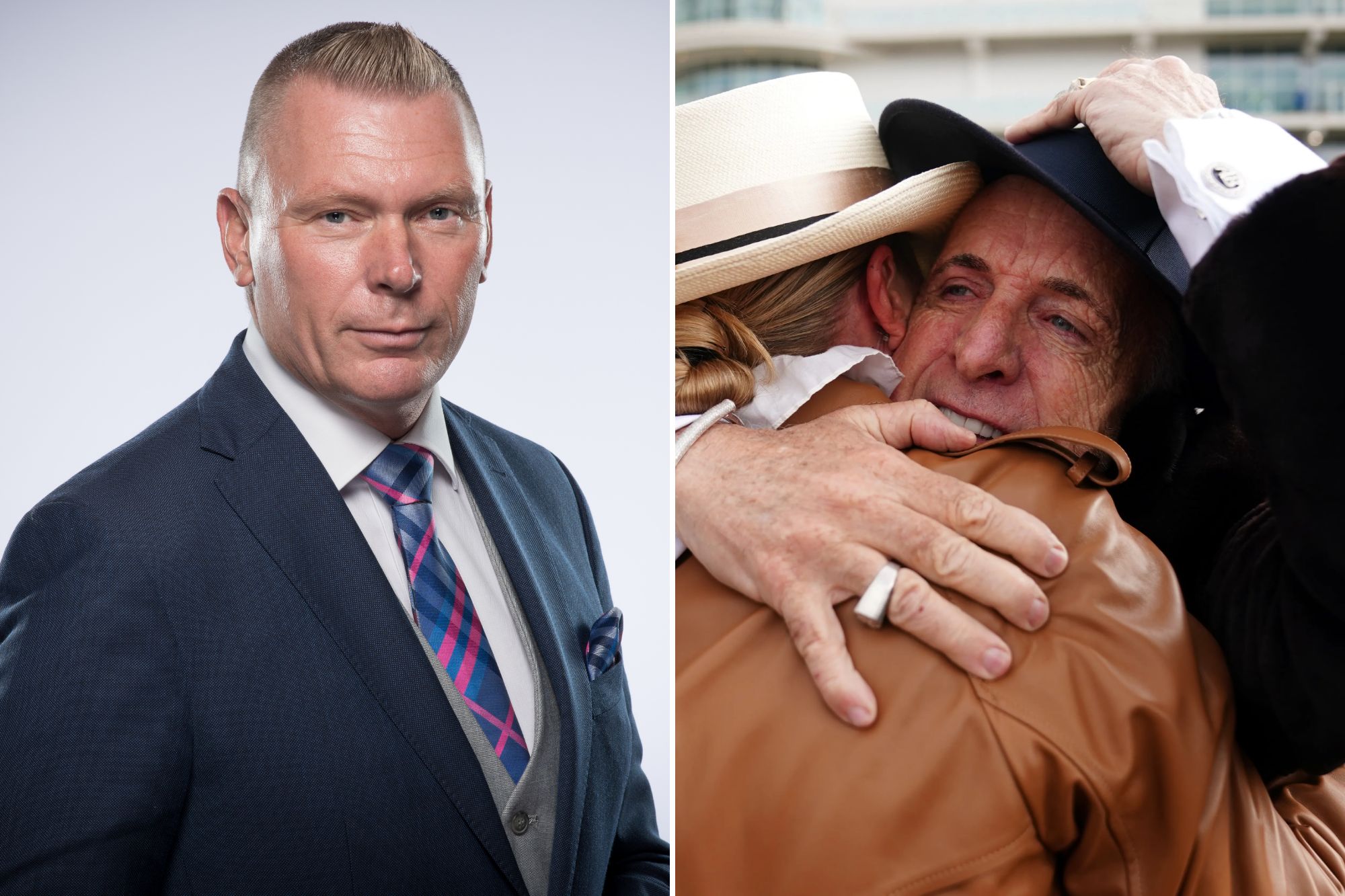 An image collage containing 2 images, Image 1 shows Matt Chapman in a navy suit with a blue and pink striped tie for Sun Racing, Image 2 shows Anthony Cooper-Barney (right) embracing another person after Jango Baie won the My Pension Expert Arkle Challenge Trophy Novices' Chase