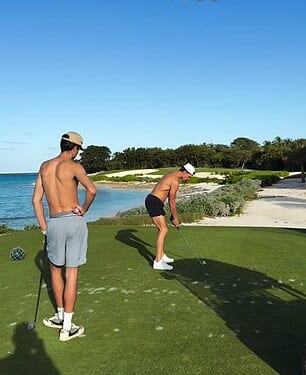 NFL legend Tom Brady went topless for a Christmas Eve round of golf with son Jack, 18