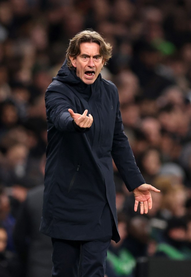 Thomas Frank, manager of Tottenham Hotspur, yells while gesturing during a Premier League match.