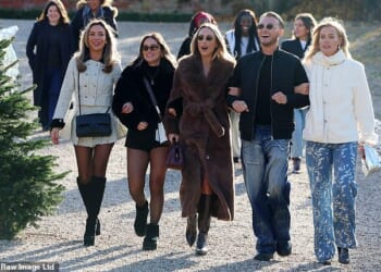 Elma Pazar, Courtney Green, Amber Turner, Harry Derbidge and Chloe Meadows on the Christmas set of Towie