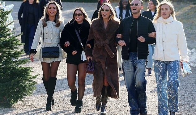 Elma Pazar, Courtney Green, Amber Turner, Harry Derbidge and Chloe Meadows on the Christmas set of Towie