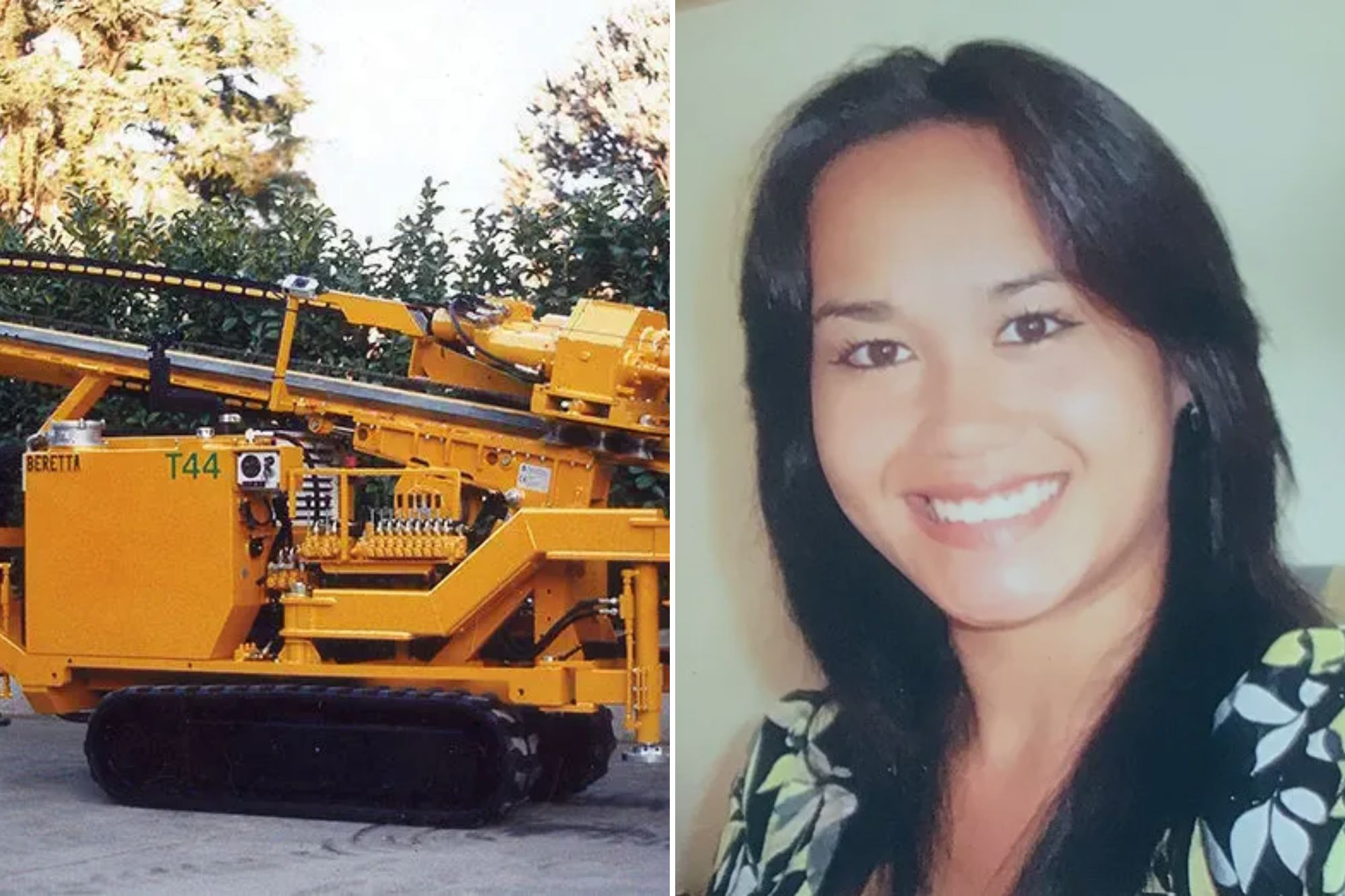 An image collage containing 2 images, Image 1 shows Beretta T24 hydraulic drilling rig, Image 2 shows Jessica Allman, a woman with dark hair and a light-colored, patterned shirt, smiles at the camera