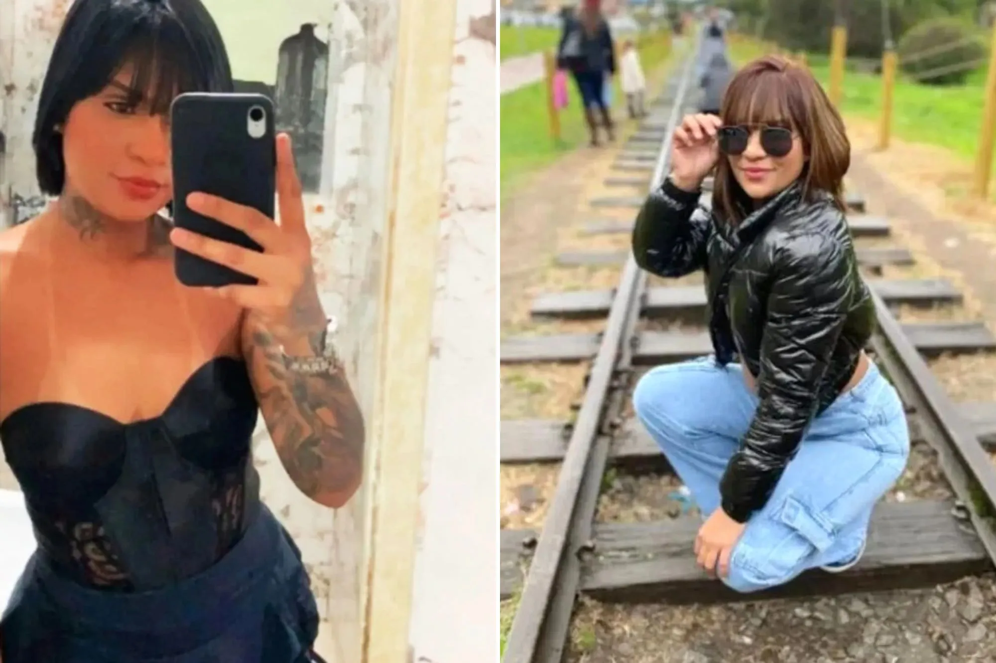 An image collage containing 2 images, Image 1 shows Taynara Souza Santos taking a mirror selfie, Image 2 shows Taynara Souza Santos poses on train tracks