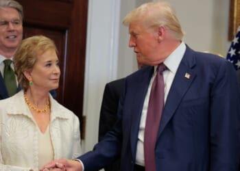 President Donald Trump speaks with Secretary of Education Linda McMahon during an executive order signing ceremony in the Roosevelt Room of the White House on July 31, 2025, in Washington, D.C.