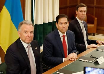 Special Envoy Steve Witkoff, left, Secretary of State Marco Rubio, center, and Jared Kushner attend a meeting with Ukrainian officials Sunday, November 30, 2025, in Hallandale Beach, Florida