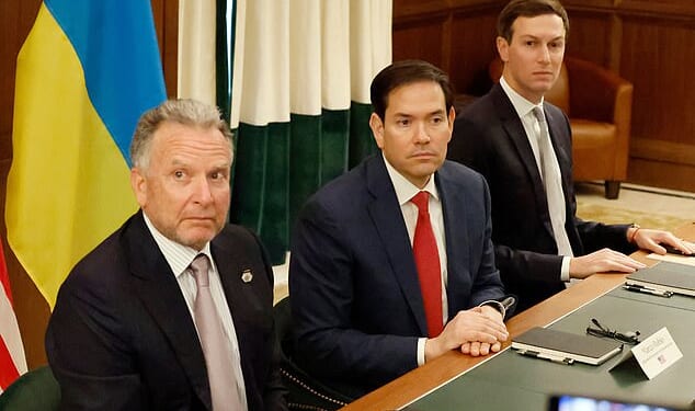 Special Envoy Steve Witkoff, left, Secretary of State Marco Rubio, center, and Jared Kushner attend a meeting with Ukrainian officials Sunday, November 30, 2025, in Hallandale Beach, Florida