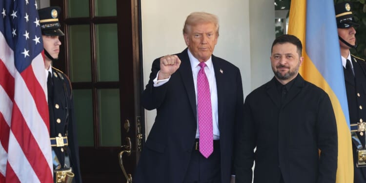 President Donald Trump greets Ukrainian President Volodymyr Zelensky outside the West Wing of the White House on Oct. 17, 2025, in Washington, D.C.